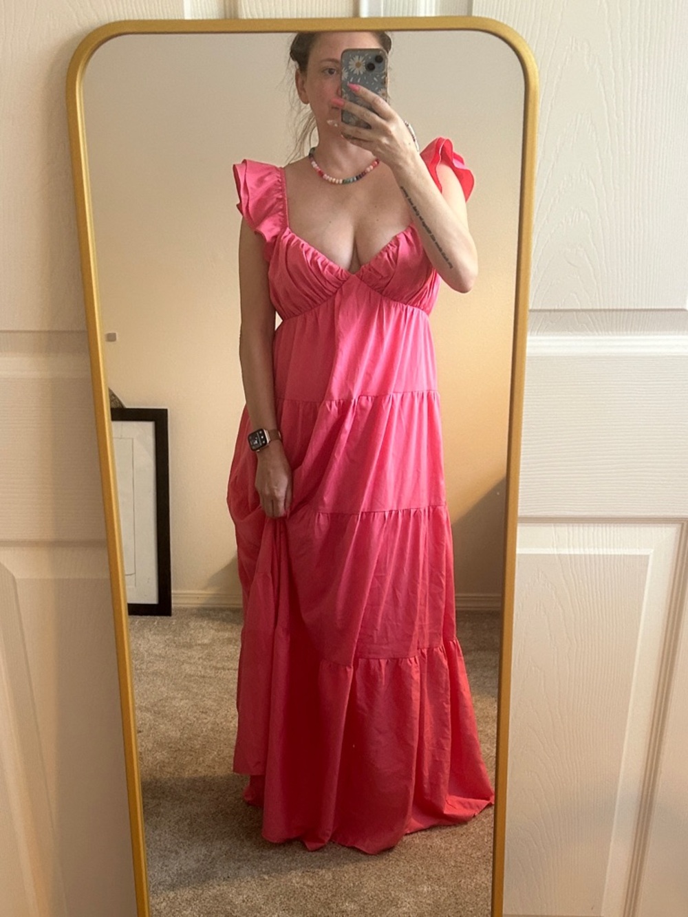 English Factory Ruffle Sleeve V-Neck Maxi Dress Tiered Pink size Small